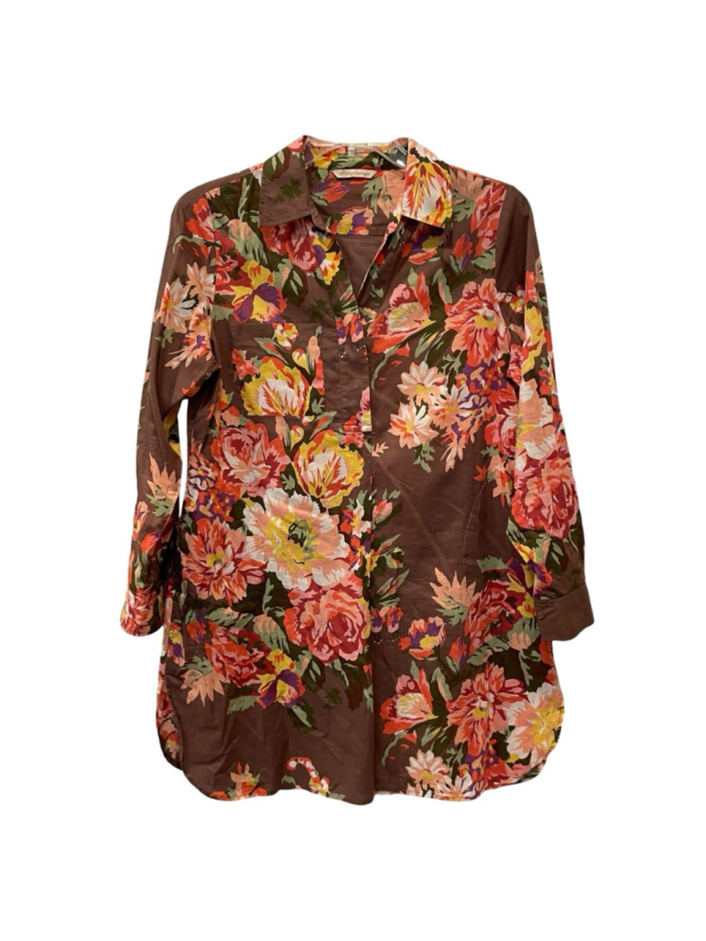 Soft Surroundings Womens Size Large Brown Floral Tunic Top Button Front Pockets